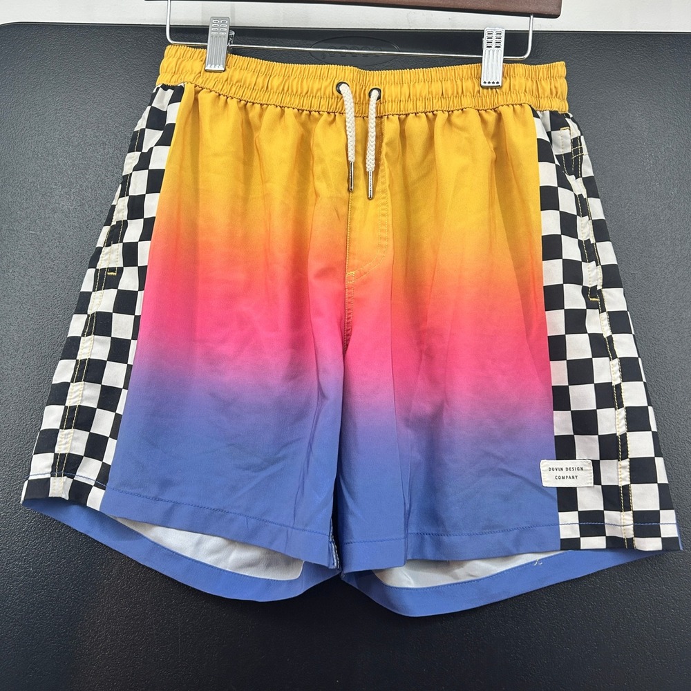 Duvin Mens Swim Trunks Blue Gradient Checkered Side Shorts Size Large
